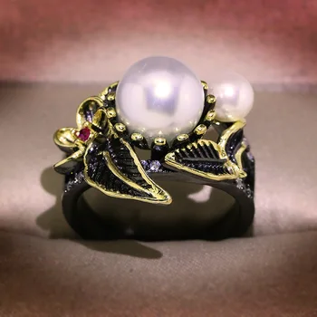 Ретро готически стил сребро пръстен с естествен сладководните перли черно стил геометрично пръстен студен вятър универсални дамски бижута